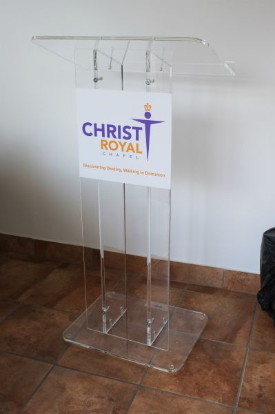 Standard version of pulpit with rectangular clear acrylic front, and branding